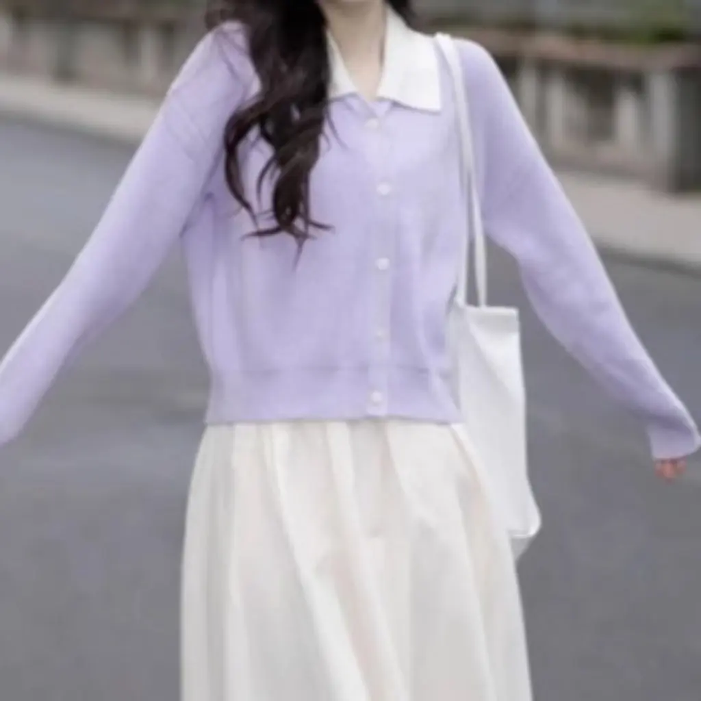 

Women's Knitted Cardigan Gentle Style Contrast Color Small Lap Design Loose Top Jacket Spring New Arrival