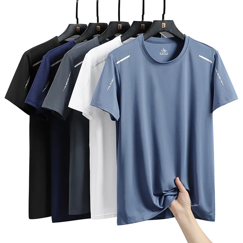 Silk Men's Quick Drying Short Sleeve T-Shirt Summer High Elastic Ice Breathable Trendy Top