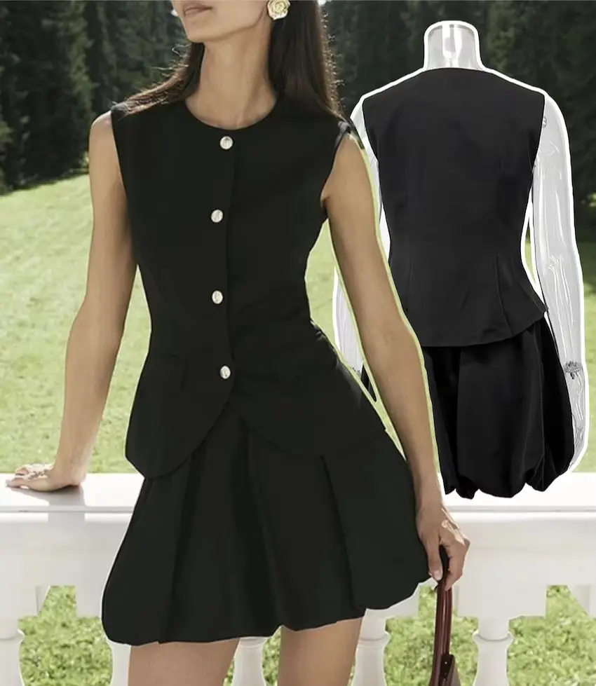 

WXOY Plus Size College Style Suit Vest Pleated Skirt Two Piece Women's Solid Color 2026 New Set Polyester Autumn