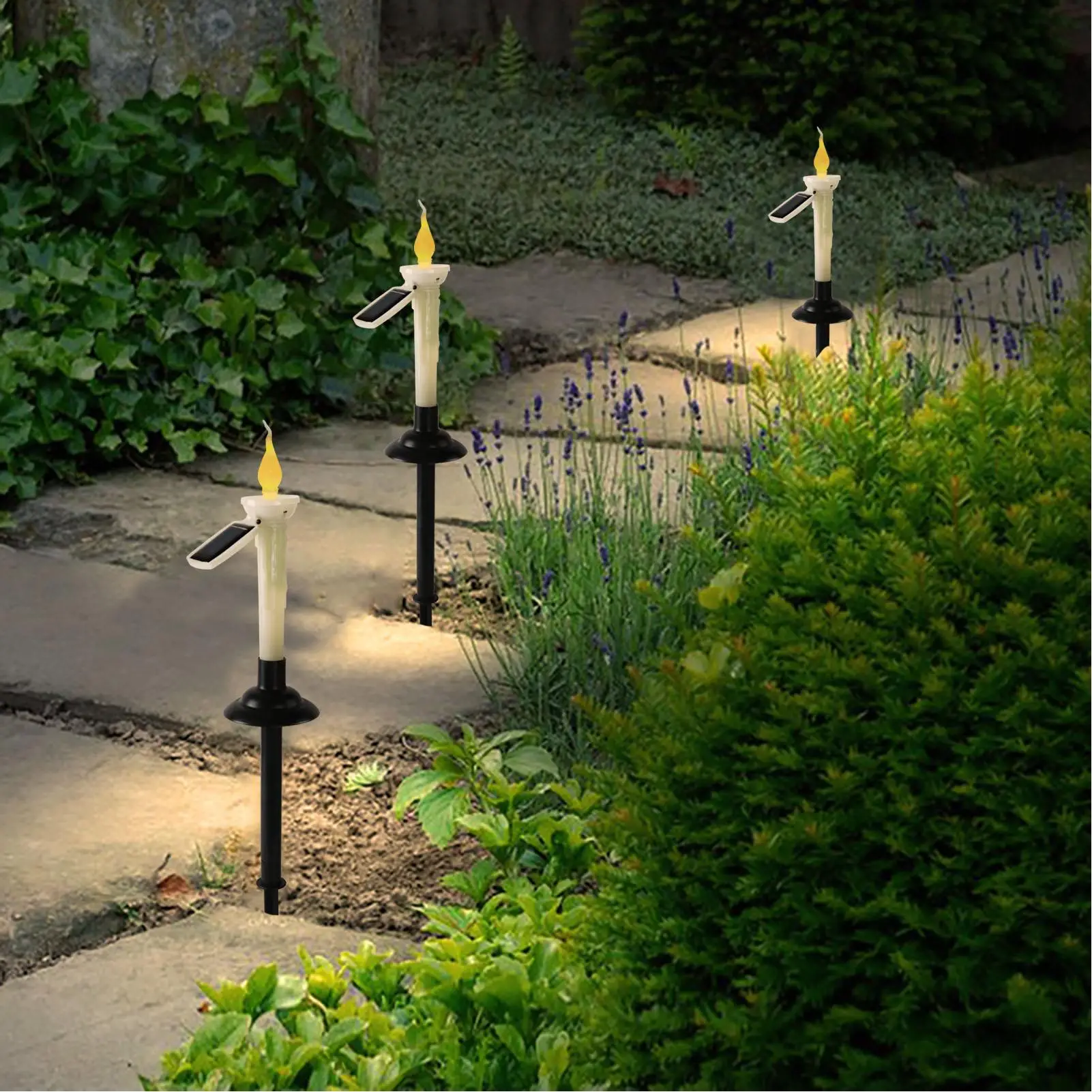 D5 4Pcs Flickering LED Tapered Candlestick Warm White Light Dusk to Dawn Sensor IP65 Waterproof Solar Powered Candles Outdoor