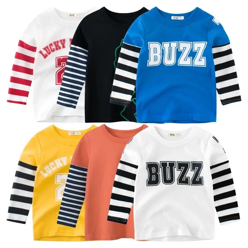 Autumn Cotton Letter Print T-Shirts for Boy Children Tops Kids Clothes Tee Baby Boys Girls Stripe Long Sleeve T Shirt 2-9 Years