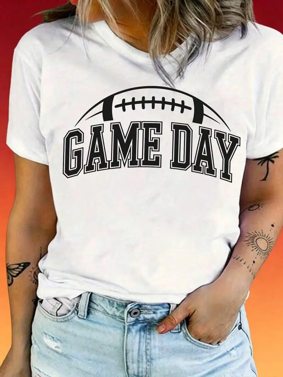 Women's Casual Fall T-Shirt, Crew Neck Short Sleeve Cotton Tee With Football Game Day Print, Great Game Day Gift Idea For Everyday Leisure Outfit