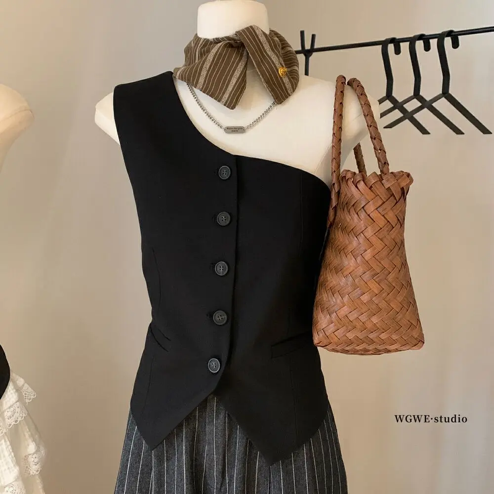 

Summer fashion top irregular slanted shoulder sleeveless suit vest spice girl slim slim short top women