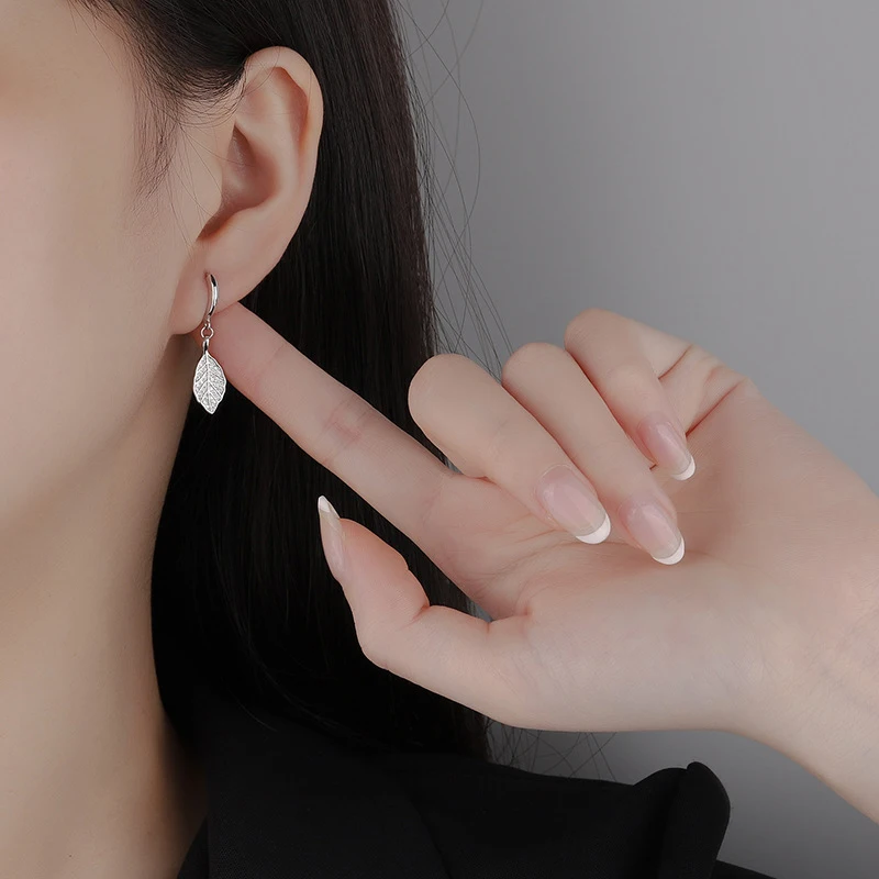 New Bohemian 925 Sterling Silver Leaf Rhinestone Pendants Hoop Earrings Women Jewelry Fine Golden Leaves Zircon Long Drop Ear