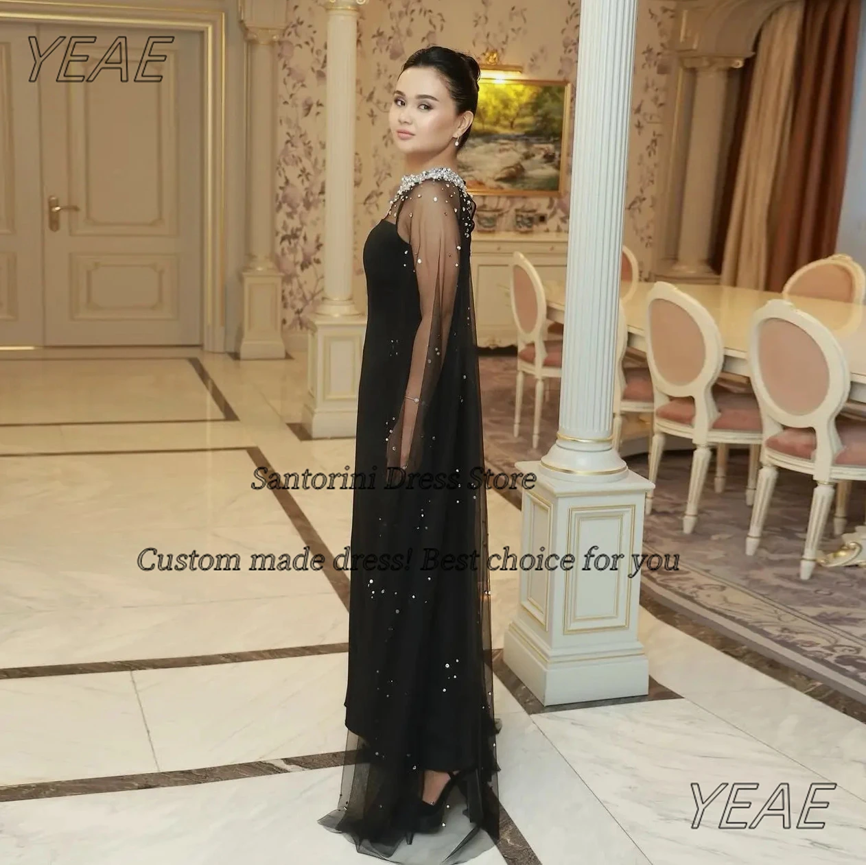 Santorini Customized Beaded Long Sleeves Vestidos De Gala Prom Dresses High Collar Evening Gowns Bride Black Wedding Party Dress