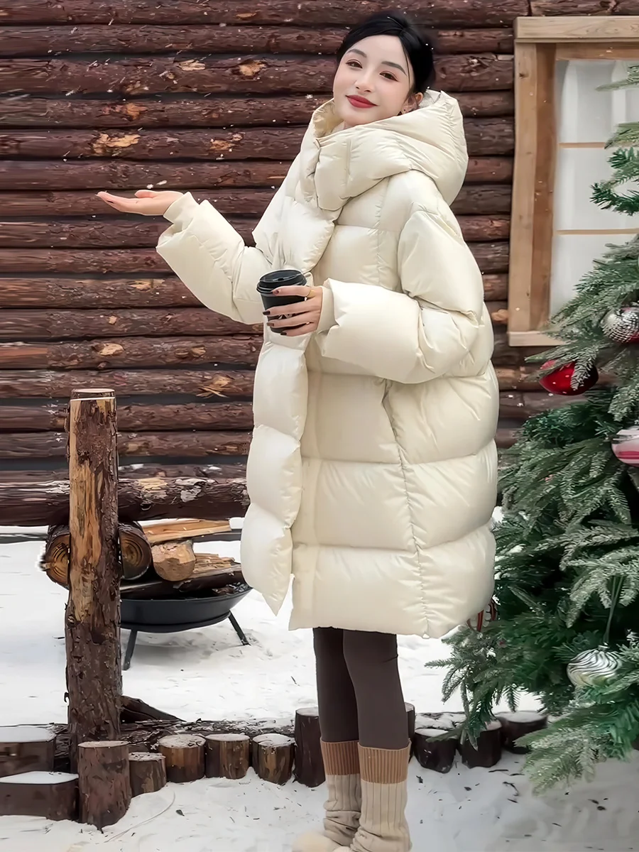 

Faionable Hooded Mid-Length Women's down Jaet Thi Warm Loose Puff Bread Sle Outerwear Casual Sle White Du down Fi...