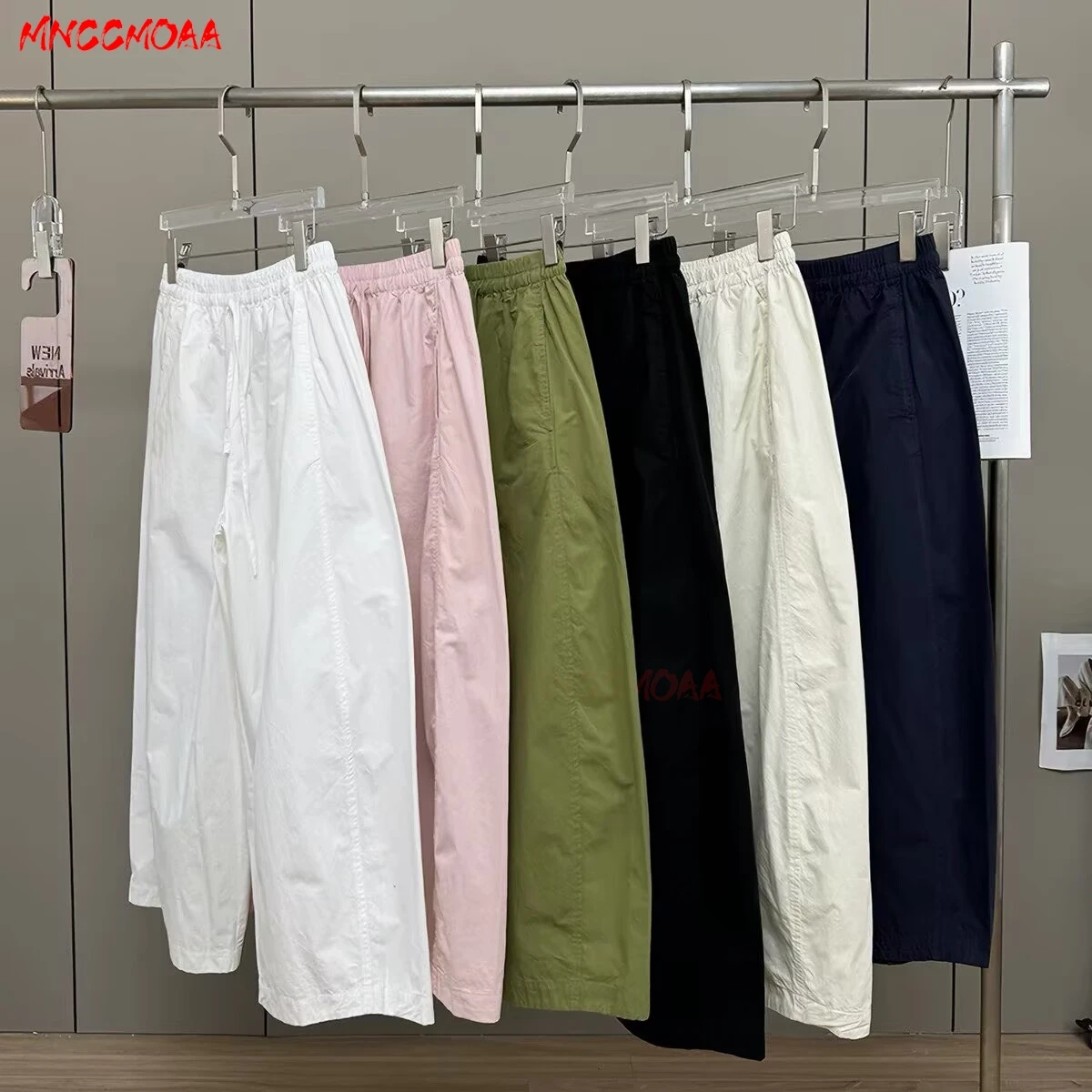 Women's White Elastic Waist Wide Leg Pants Summer Female Casual Loose Trousers
