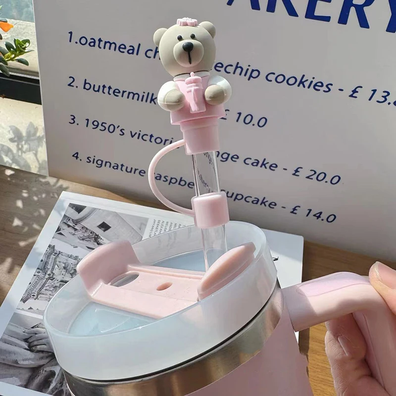 Cute Bear Straw Cover Caps For Stanley Cups Kawaii 10mm Straw Toppers For Tumbler Silicone Dust-Proof Creative Straw Tip Cover