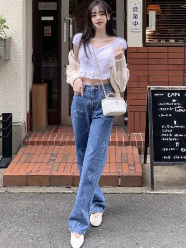 Jeans Retro Autumn Pant Women Sweet Bow Print Fashion Korean Style Loose Pleated Ladies Trousers High Waist Woman Long Pants