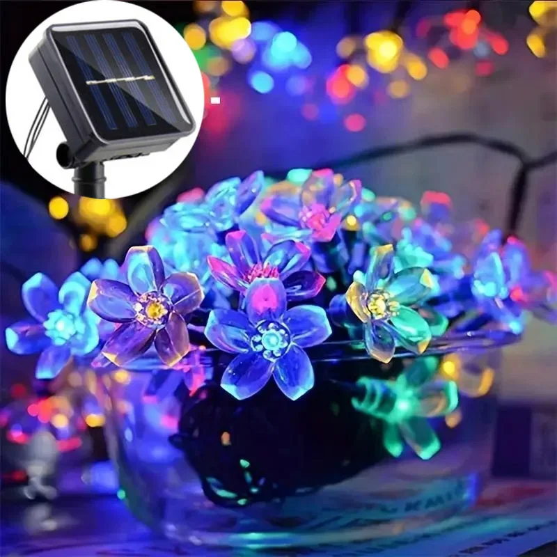 Solar Jardim Flower Light String, impermeável, iluminação exterior, cereja Fairy Lights, decoração do partido, 2 modos, 5m, 6.5m, 7m, 12m