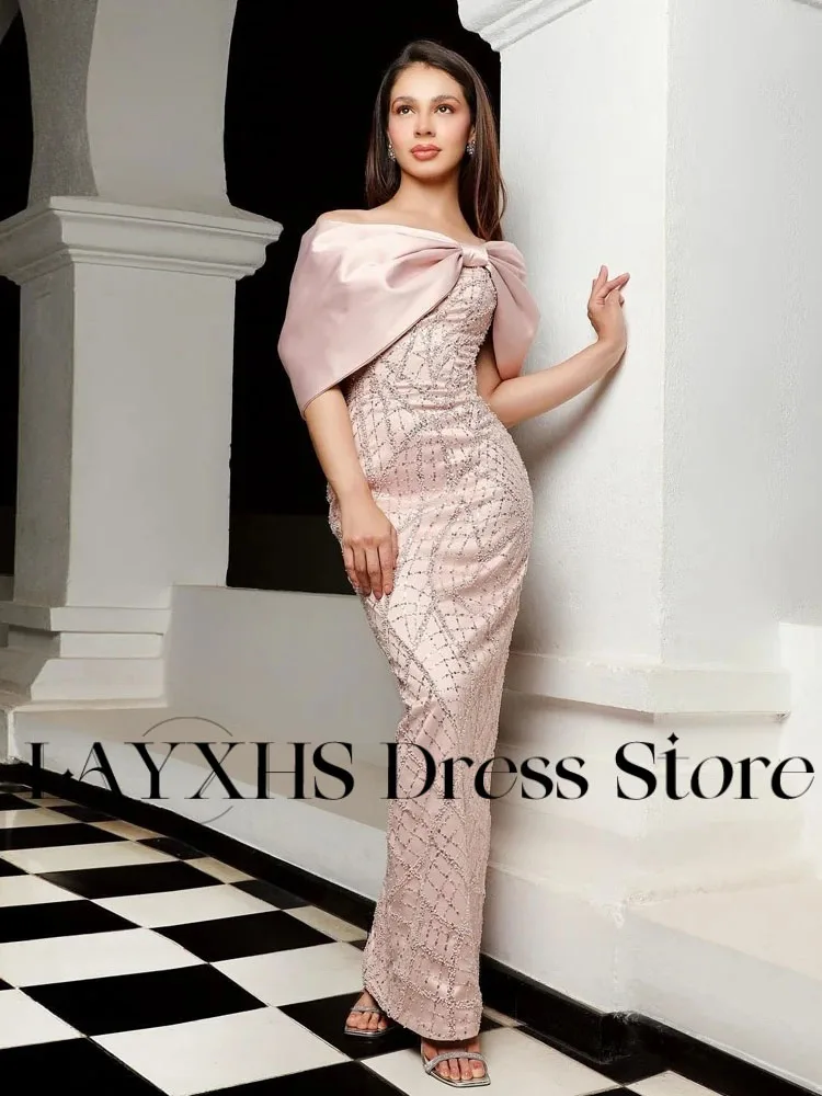 LAYXHS mode sirène robes de soirée rose arc hors de l'épaule perlée dubaï robes de bal formelles personnalisé فستانmavera