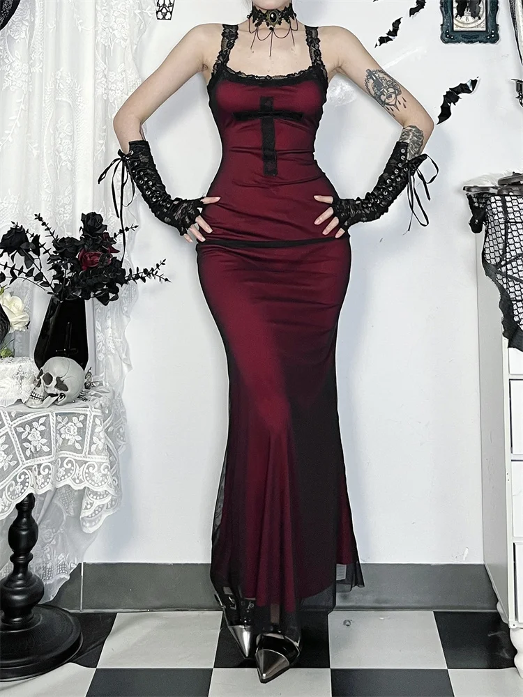 Vestido feminino vintage gótico vermelho escuro, design cruzado, 2 camadas, elegante, estética, fada, grunge, sexy, vazado, sem mangas, halter