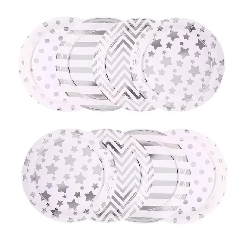 New silver disposable 7/9 inch paper tray, suitable for holiday, wedding, baby shower, family gathering, birthday party supplies