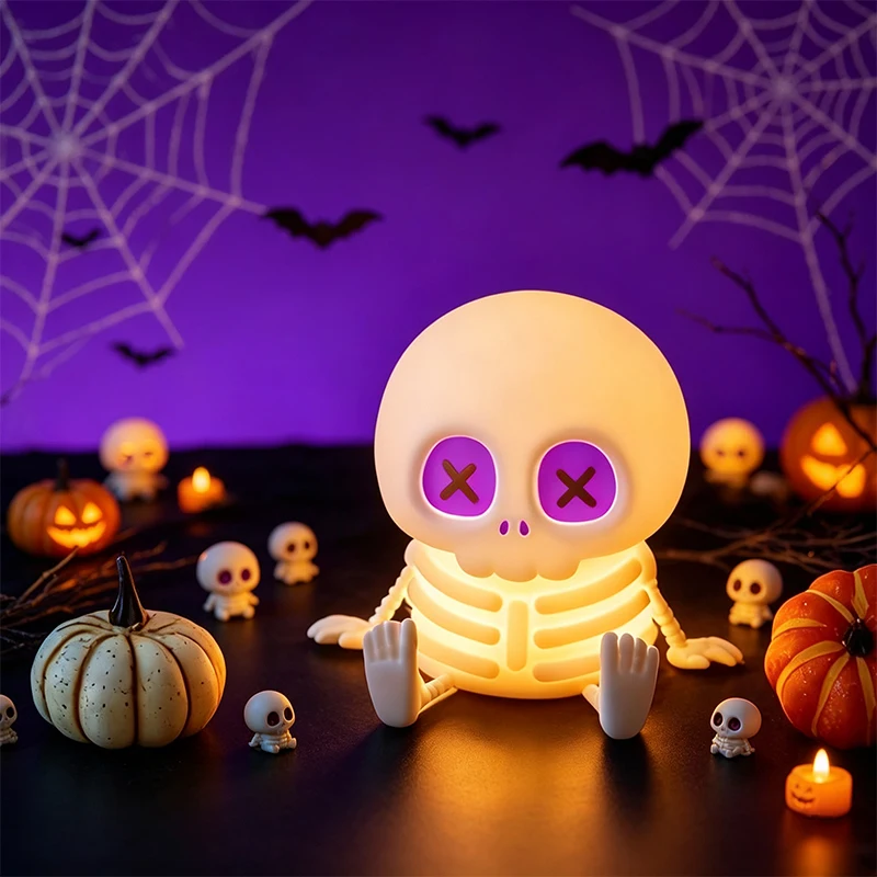 Halloween Skull Silicone Night Light, Tap Activated Color Changing LED Lamp, Rechargeable Cute Skeleton Light for Halloween Part
