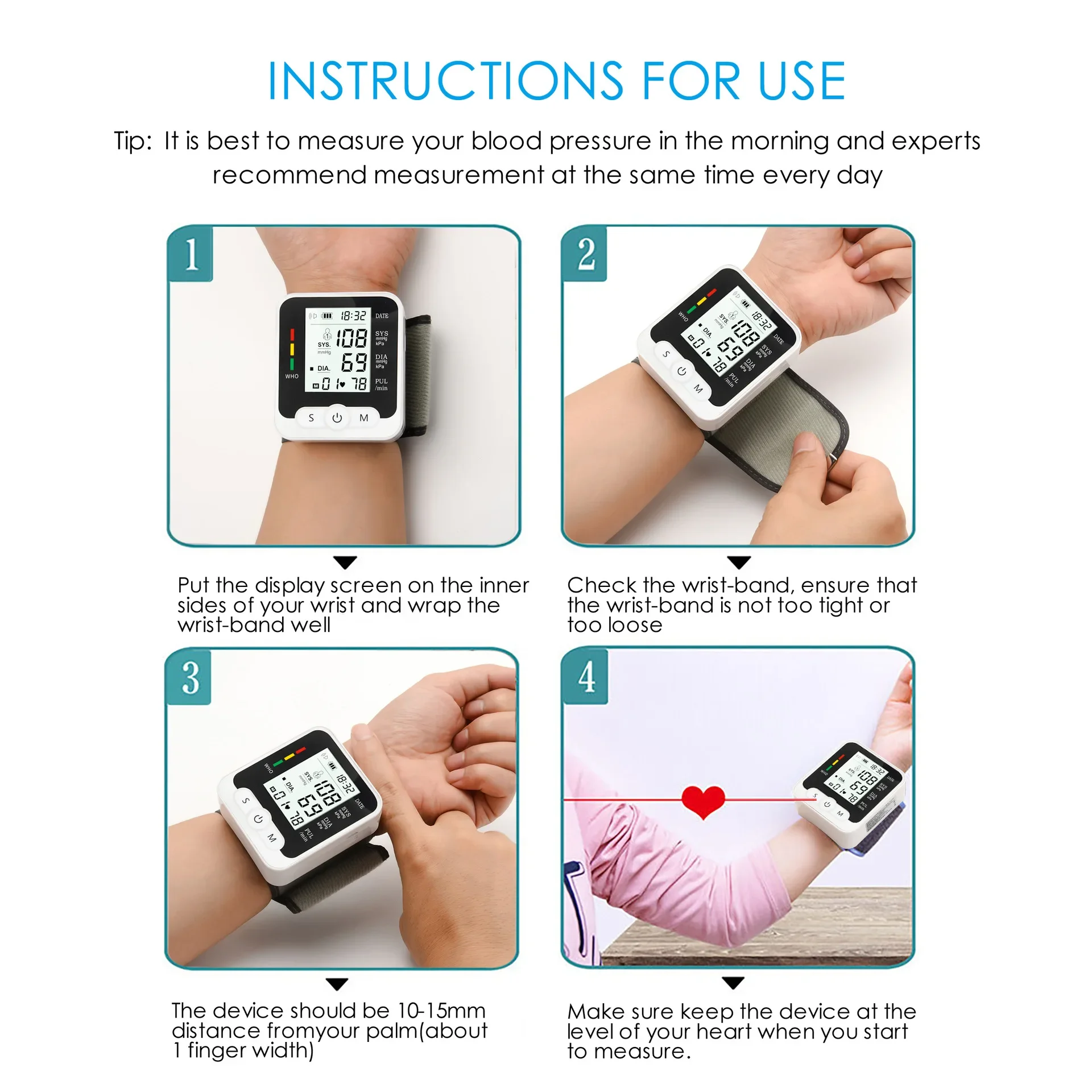 Medical Digital LCD Display Wrist Blood Pressure Monitor Pulse Heart Rate Monitor Tonometer Portable Automatic Sphygmomanometer