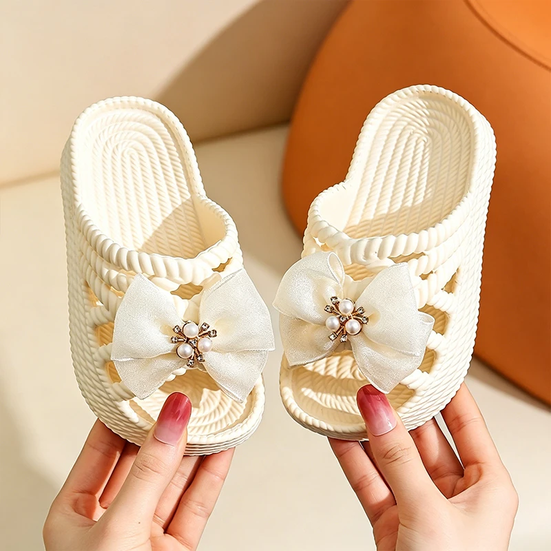 Süße Prinzessinnen-Sandalen für Mädchen mit Spitze und Perlen-Schleife, Gewebte Ausgehöhlte Dicke Plattform Rutschfeste Sommer-Pantoffeln – Detail 7