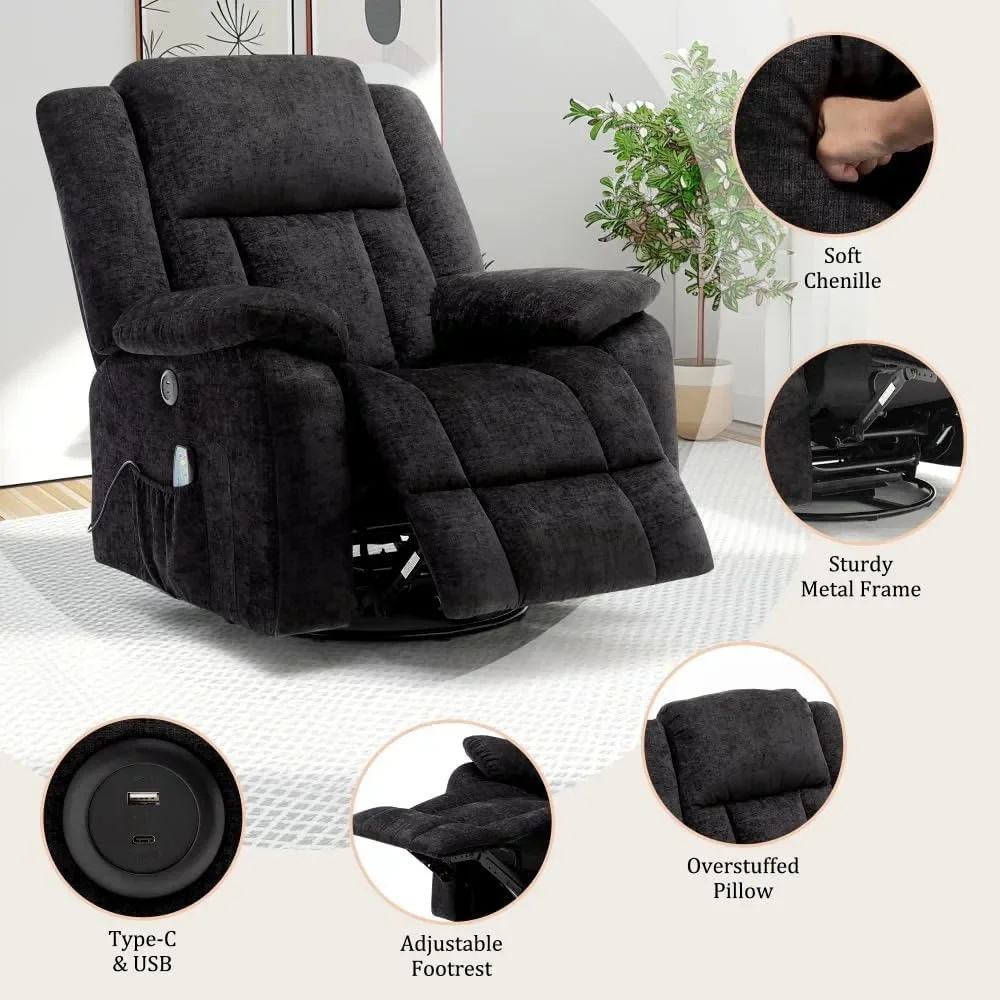 Silla reclinable basculante, sillas reclinables planeadoras para adultos, 360 °   Sillones reclinables giratorios con masaje y calefacción, mecedora reclinable