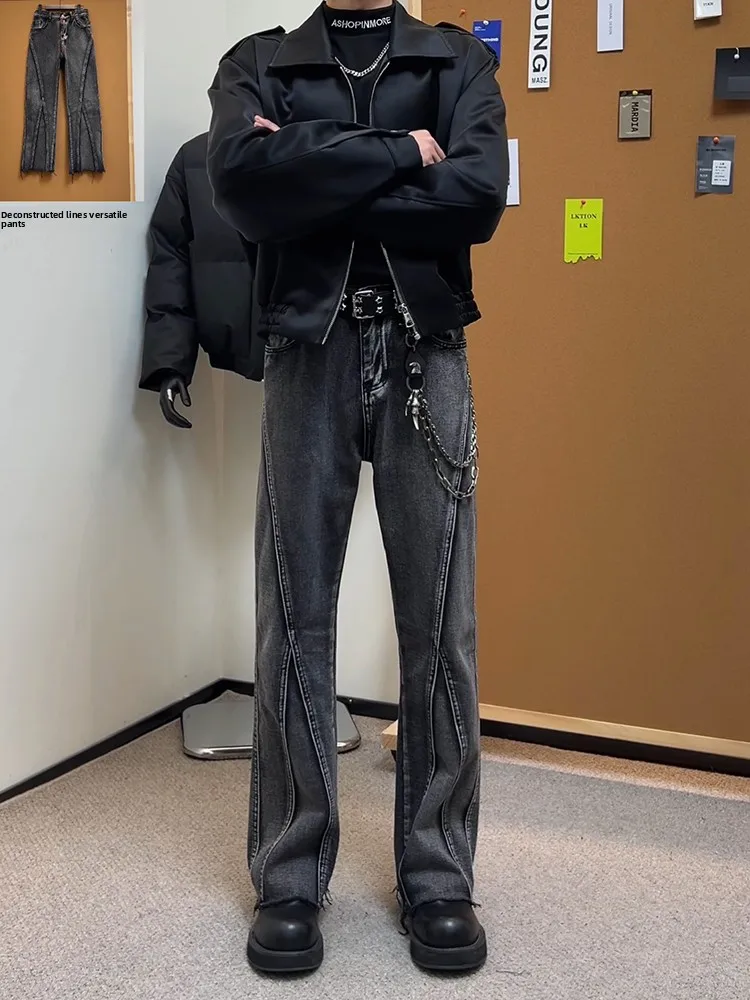 

High Street Style Spliced Straight Leg Men's Jeans Dark Grey And Black American Retro Knife Micro Flared Workwear Trousers