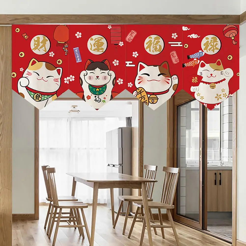 Stylish Door Screen  Clear Printing Polyester Lucky Cat Pennant  Kids Room Living Room Lucky Cat Pennant Partition Half-curtain