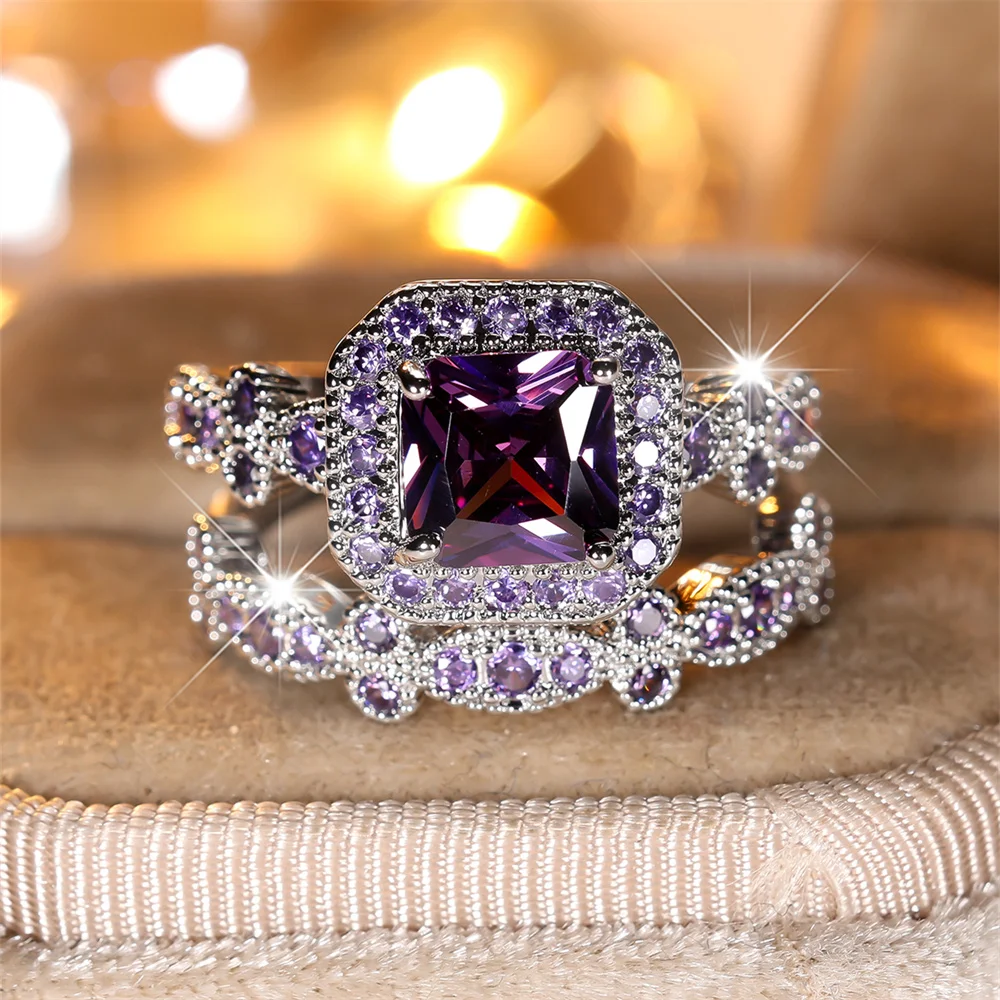 2pcs Purple Crystal Square Stone Engagement Promise Ring Sets For Women Vintage Silver Color Wedding Jewelry
