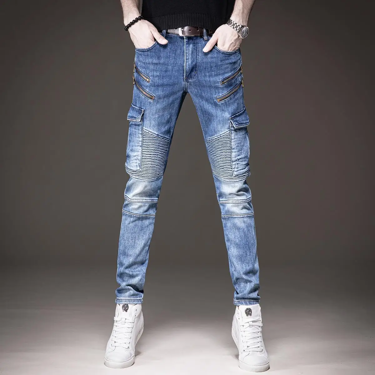 

Men’s Light Luxury Street Fashion Moto&Biker Blue Jeans,Wear-proof Trendy Style Denim Pants,Slim-fit Zipper Decors Casual Jeans