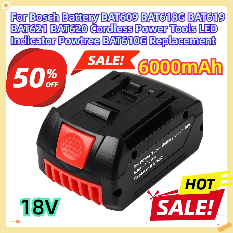 For Bosch 18V Battery BAT609 BAT618G BAT619 BAT621 BAT620 Cordless Power Tools LED Indicator Powtree 6.0Ah BAT610G Replacement