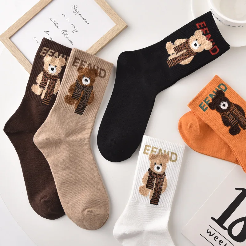 Spring Autumn Winter Cartoon Women\'S Socks Cotton Mid-Tube Cute Bear Print Trend Short Socks Comfortable Breathable Sports Socks
