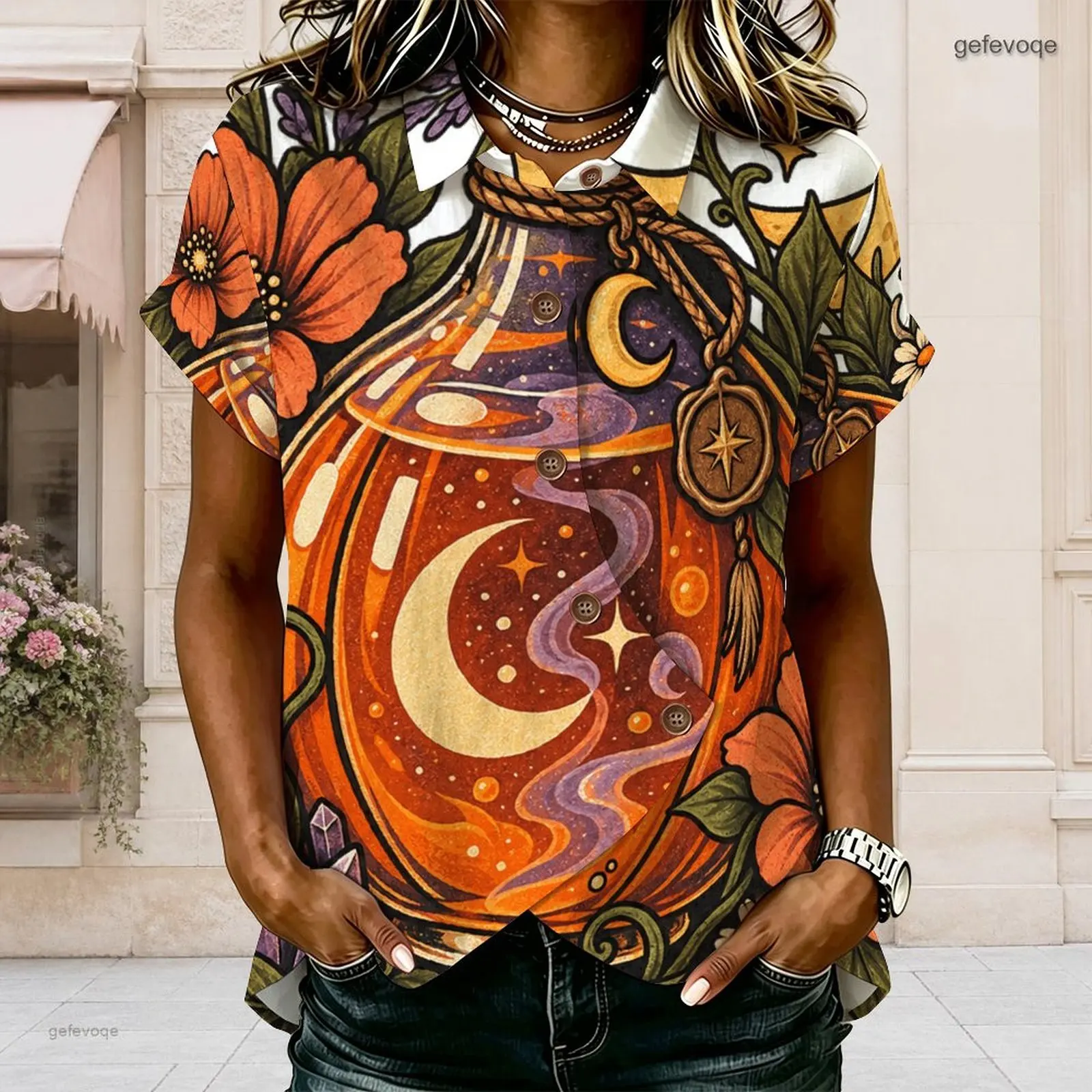 Printed Shirt for Women Collared Neck Short Sleeve Button Front Cross Hem