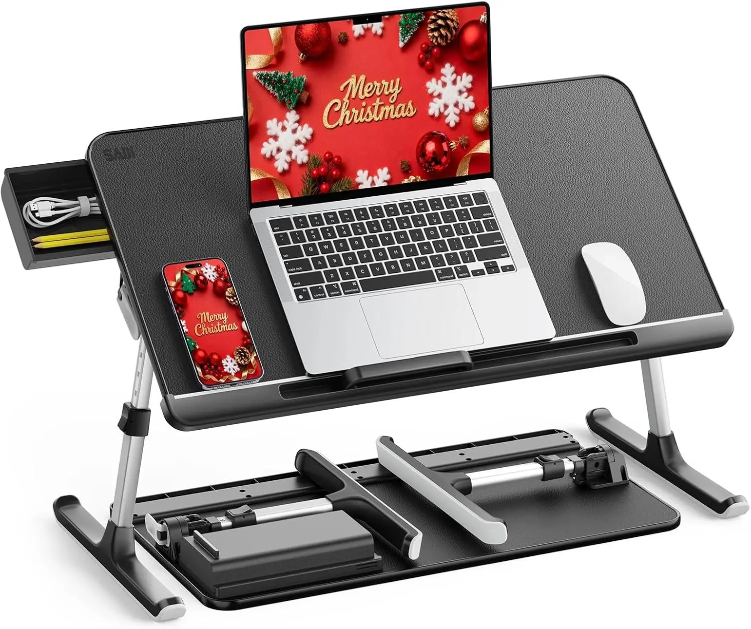 

Adjustable Laptop Bed Tray Table with Storage Drawer, Foldable Portable Standing Desk for Sofa Couch Floor in Dark Black