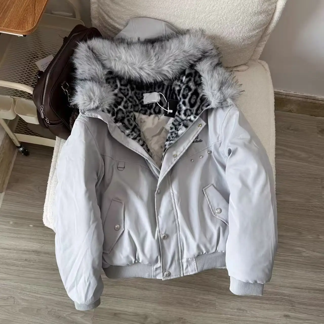 Vintage American Retro Hooded Puffer Parka Women Leopard Lining Faux Fur Trim Thick Warm Loose Fit Jacket Casual Streetwear Coat