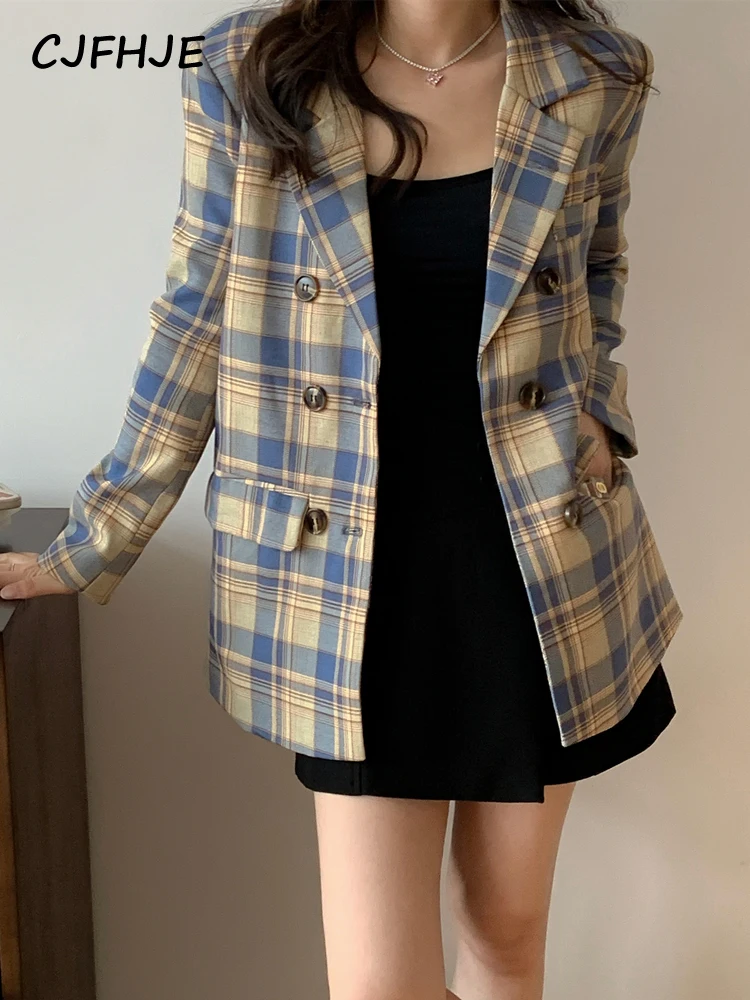 

CJFHJE Green Plaid Buttons Pockets Jackets Women Vintage Blue Spring Autumn Blazers Chic Elegant Casual Suit Coat Lady Outerwear