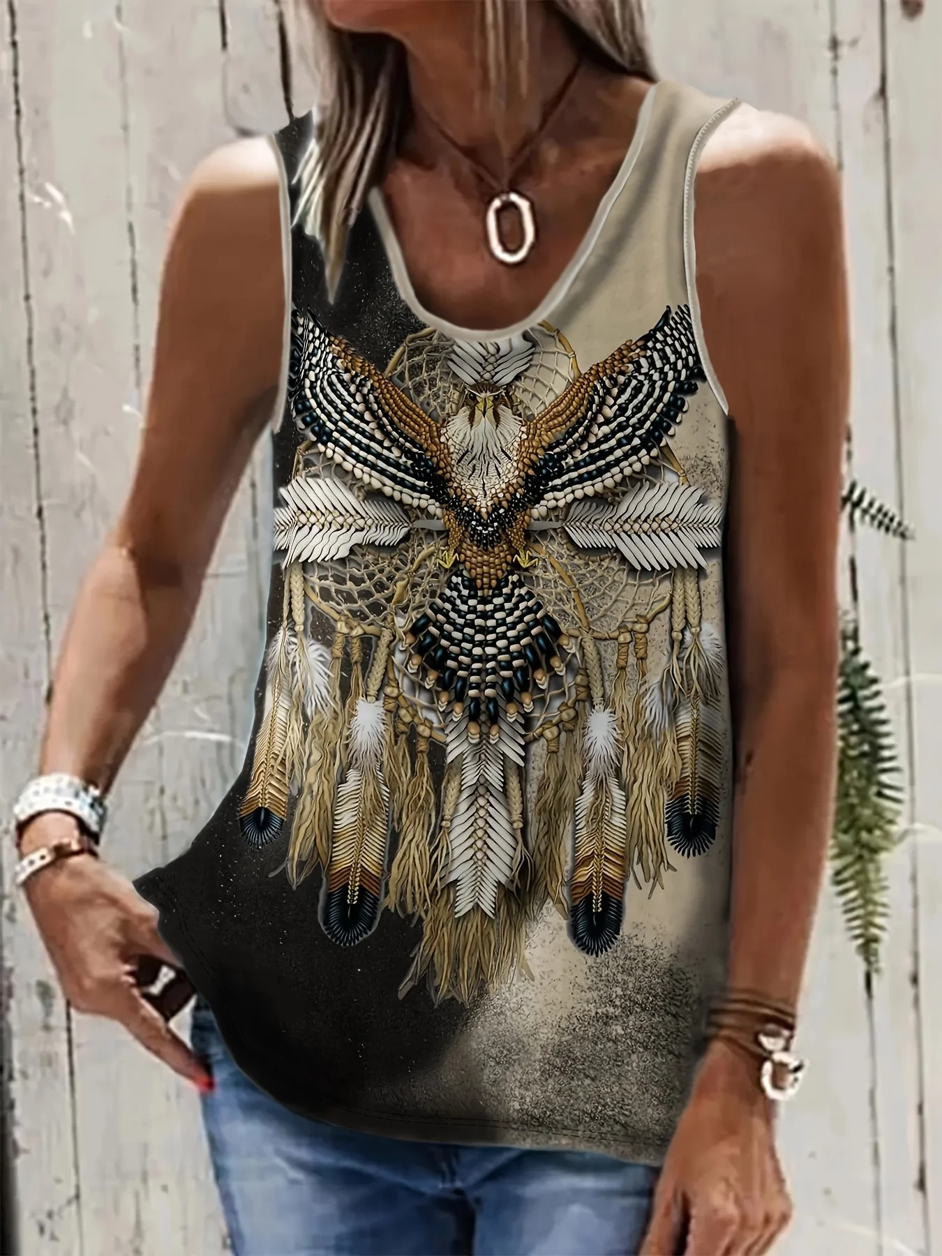 Chalecos para mujer, camiseta informal sin mangas con estampado étnico occidental, chaleco holgado retro para mujer