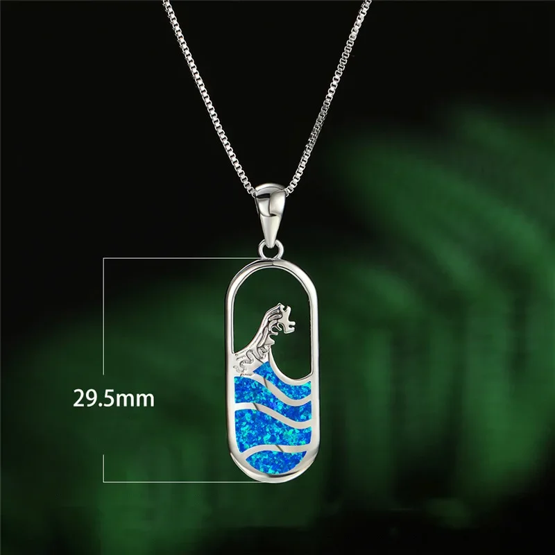 Vintage Blue Color Sea Wave Opal Pendant Necklace Chain Wave Necklaces For Women Custom Jewelry