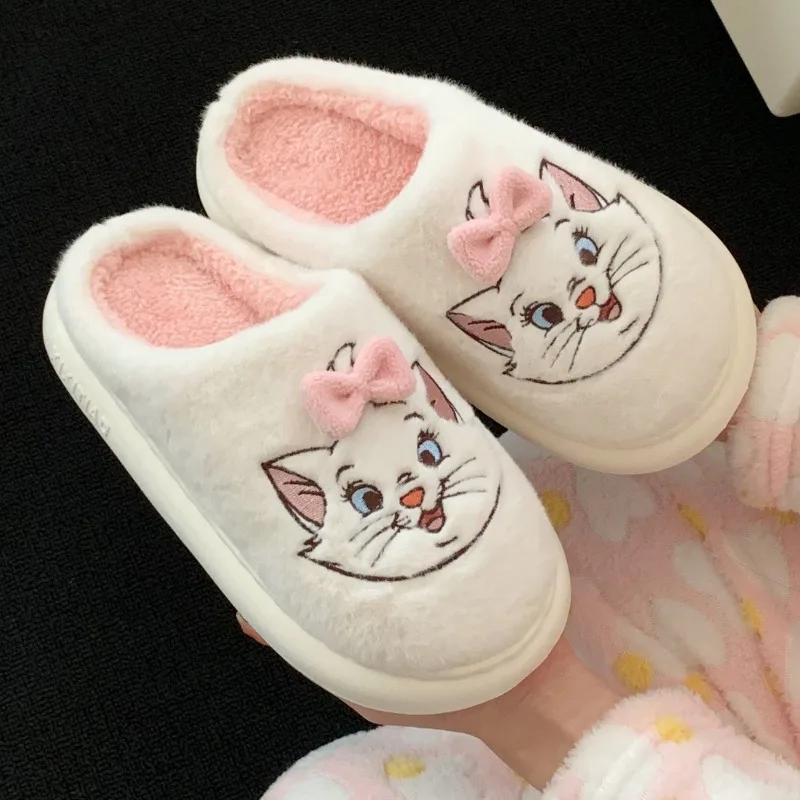 Disney Marie winter cartoon splicing plush non-slip wear-resistant flat bottom half-packed full-covered home cotton slippers