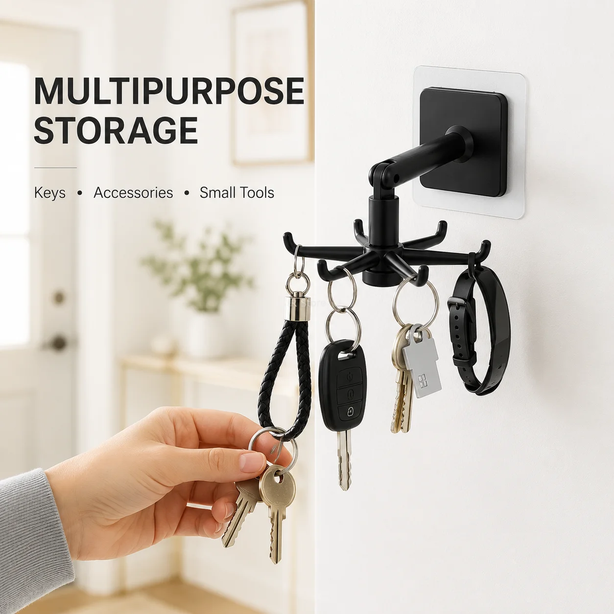 360 Degree Rotating Utensil Rack Folding Kitchen Hanger Wall Mount Self Adhesive Hooks for Spatula Spoon Storage Organizer