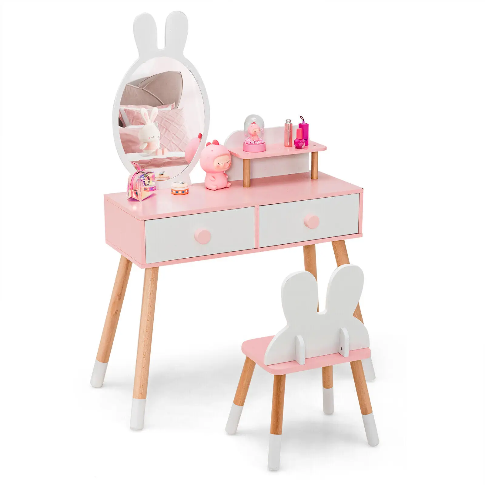 Babyjoy Kid Vanity Set Makeup Table Stool with Drawer Shelf Wood Leg Rabbit Mirror White