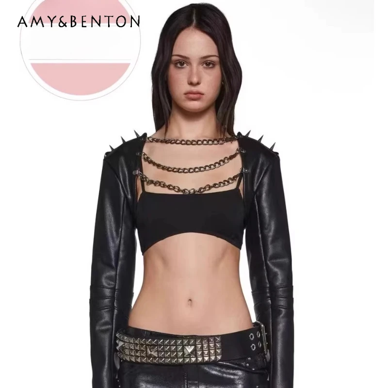

Punk Leather Studded Vest European and American Hot Girl Women's Vest Original Design New Leather Chain Sexy Shorts Set Ladies