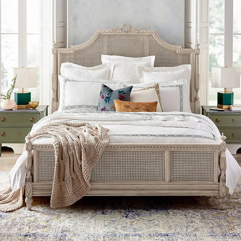 ^American-style Solid Oak Wood Princess-inspired Double Bed 1.8m Vintage Distressed Carving Master Bedroom Villa