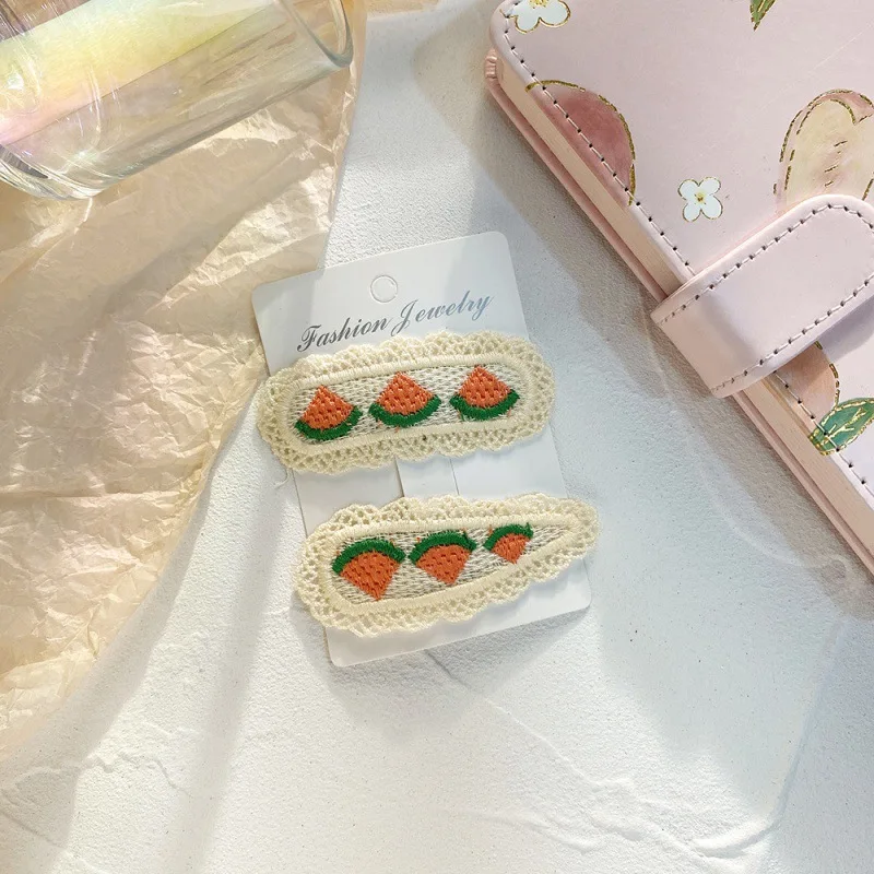 قطعتان من مشبك شعر الأطفال الجديد، مشبك قماش لطيف على شكل فيونكة BB، إكسسوار شعر أميرات منسوج بالفواكه الكورية #5