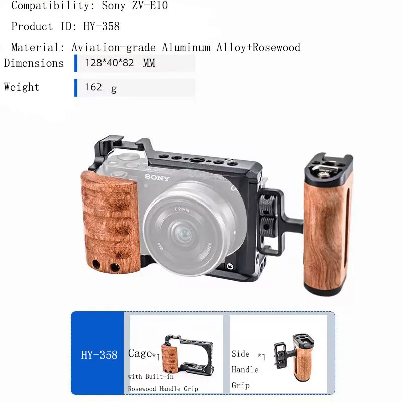 PyroGraphy ZV-E10 Cage Kit Handheld Shooting Kit with Full Cage Built-in Rosewood Hand Grip Top&Side Handle Grip for Sony ZV-E10