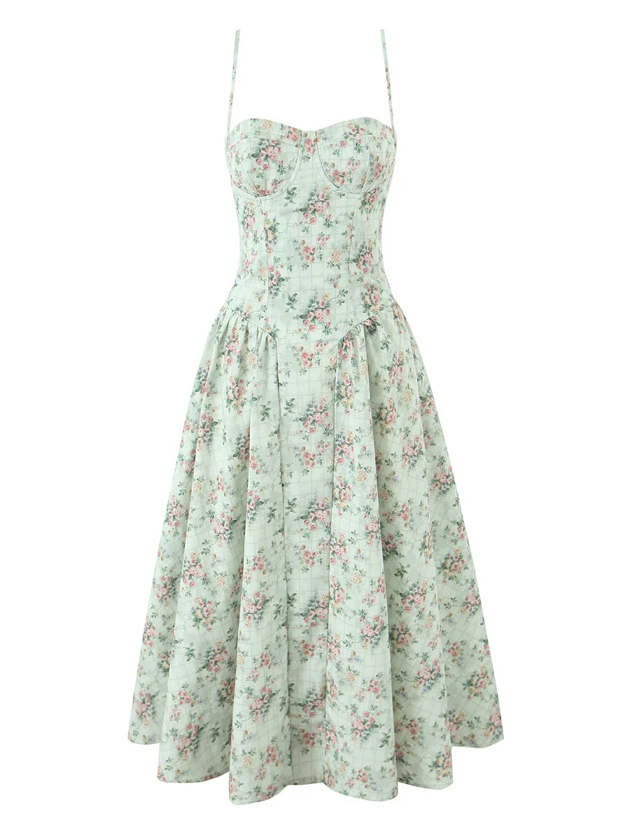 スリムフィットスチールリングウエストバンド花柄プリントスクエアネックストラップドレスレディースホリデースタイルミディ丈ドレスハイウエストサマー