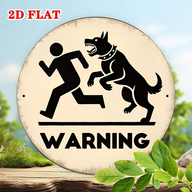 【2D Flat】 [2D Flat] Beware of The Dog, Vintage Warning Sign, Printed with a Vicious Dog Chasing Someone, with 