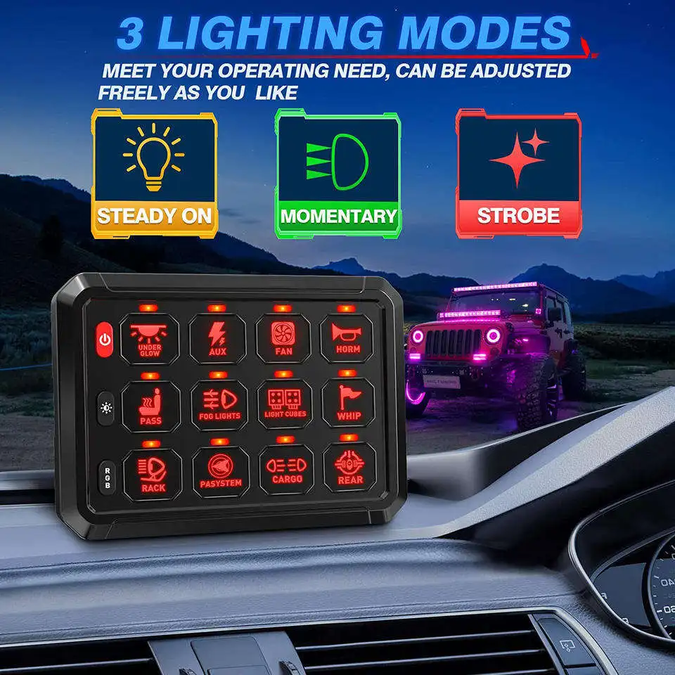 

RGB 12 Gang Switch Panel LED Light Bar Relay System Marine 12V 24V Control box Car Bus