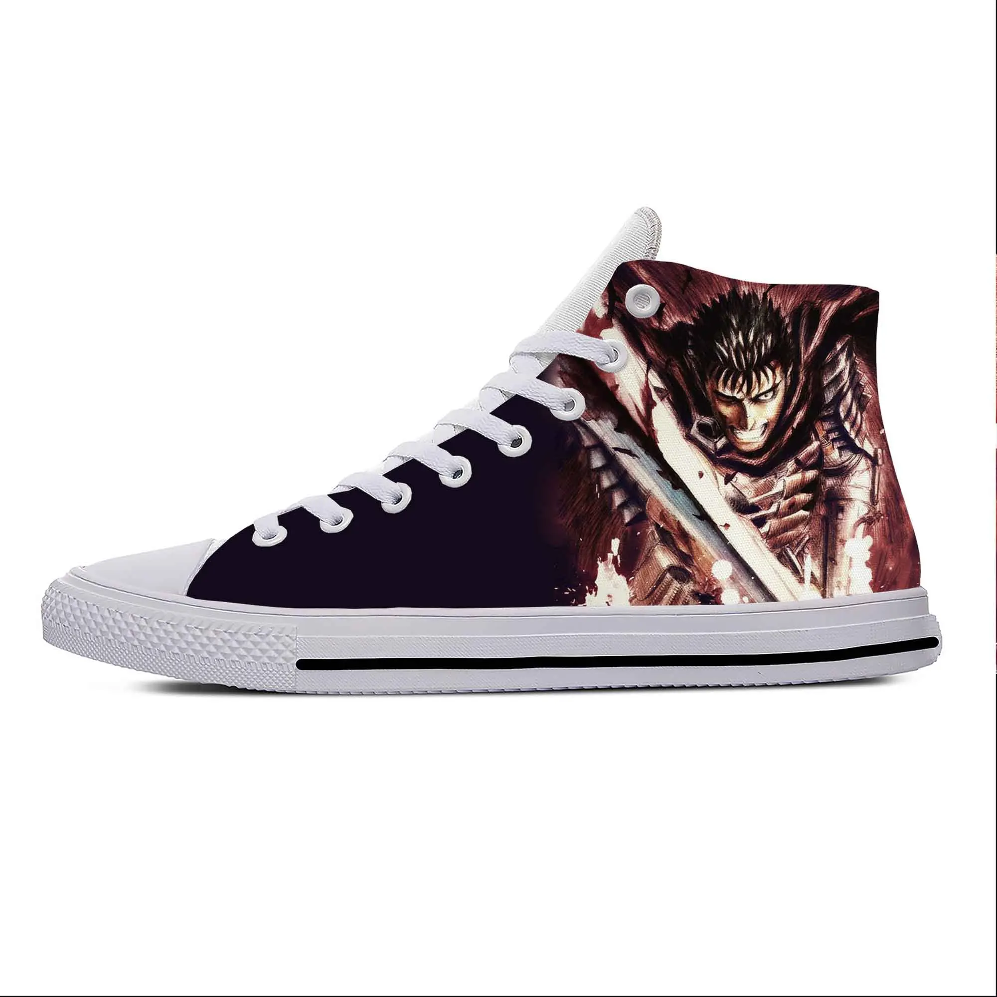 Berserk Guts zapatos de tela informales de espadachín negro, zapatillas ligeras transpirables con estampado 3D, Manga de Anime, Top alto, hombres y mujeres