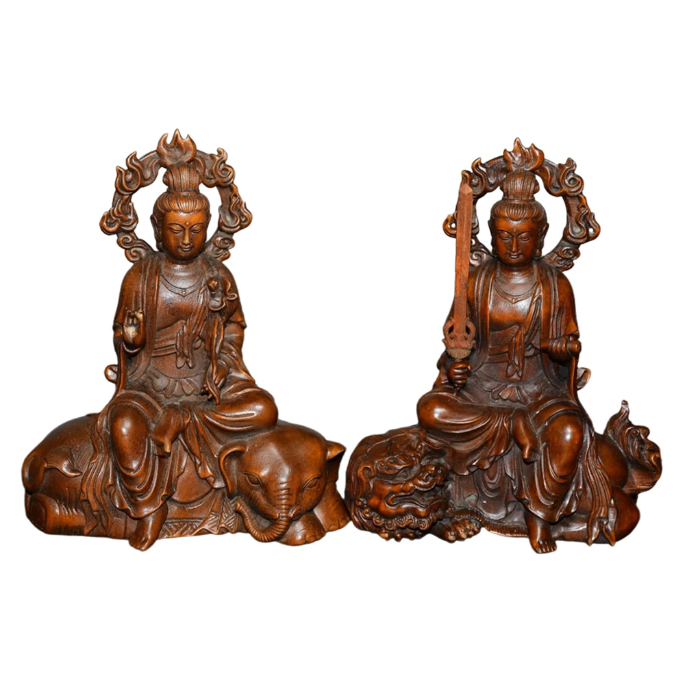 Statue en bois Vintage Manjushri Samantabhadra, paire de bouddha sculptée, sagesse, Compassion, illumination, Virtue, harmonie, bénédiction