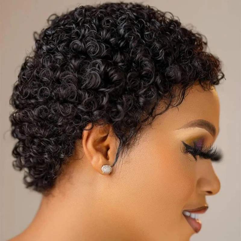 Short Kinky Curly Wigs Human Hair Machine Made Pixie Cut Wigs Brazilian Human Hair For Women Natural Black Curly Human Hair Wigs image 4