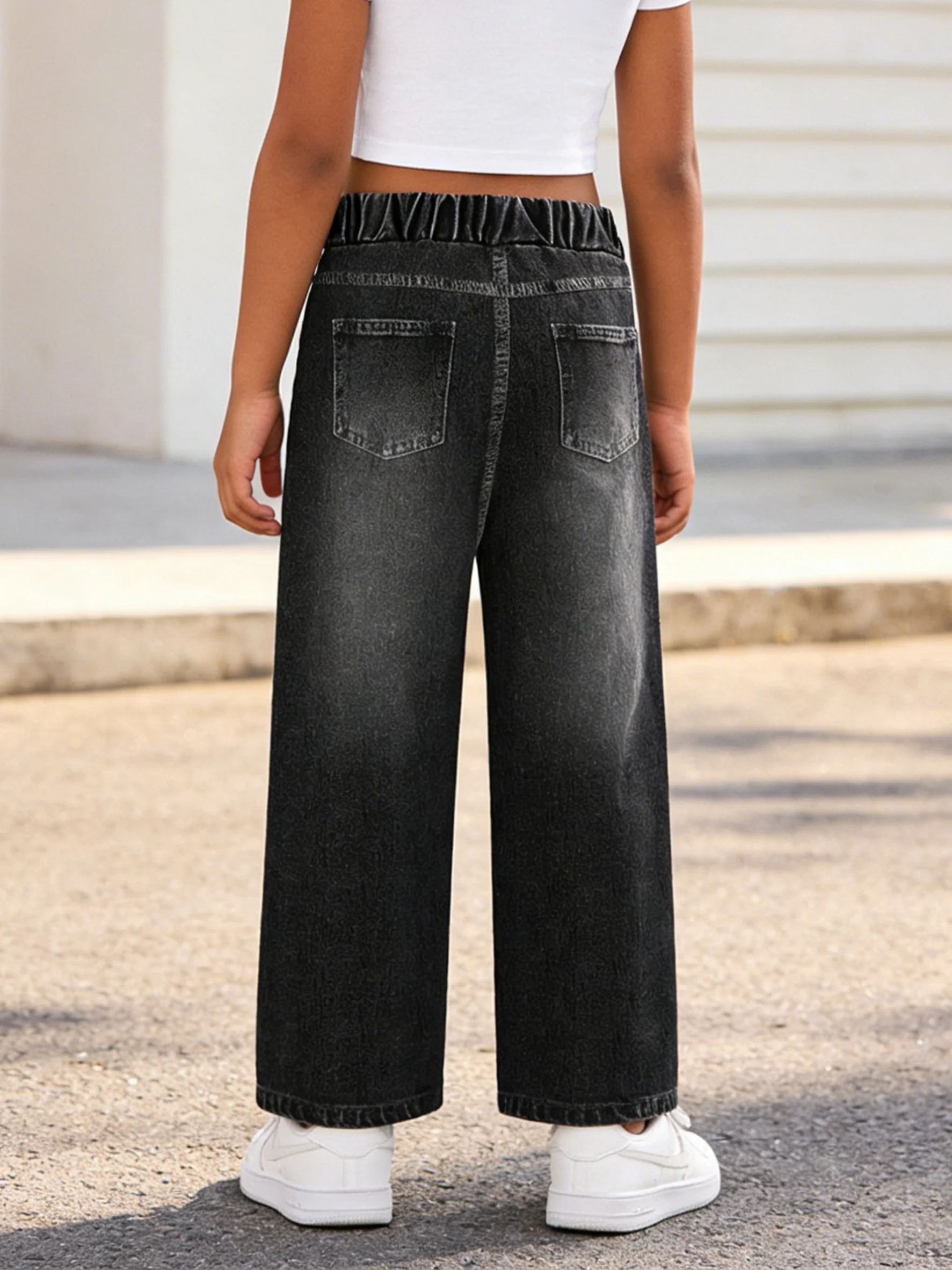 2026 Children's Black Faux Denim Wide-leg Pants Distressed Holes + Graffiti Pattern