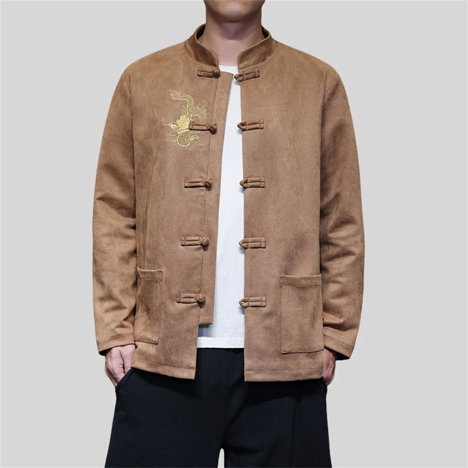 Plus Size Suede Jacket Men Disc Buckle Loose Casual Jackets Coats Mens Harajuku Dragon Embroidery Jacket Men Clothing 5XL