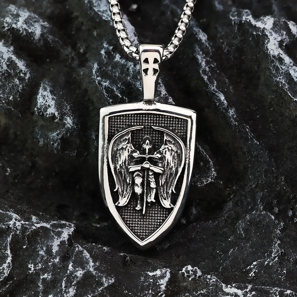 316L Steel Archangel Pendant - St Michael Necklace for Men, Catholic Amulet Jewelry, Vintage Baptism Gift Religious Accessories
