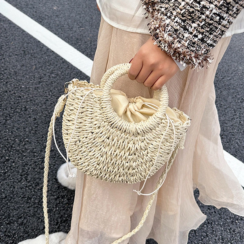 2026 NEUE Sommer Damen Handgefertigte Gewebte Stroh-Rattan Halbmond-Strandtasche Große Kapazität Hohle Crossbody Schultertasche – Detail 9